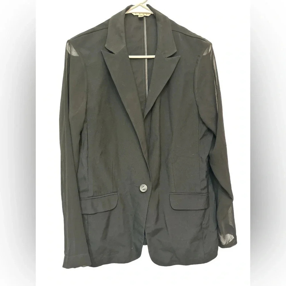 CAbi Chic Jacket Blazer Style # 309 Black w Sheer Sleeves one button